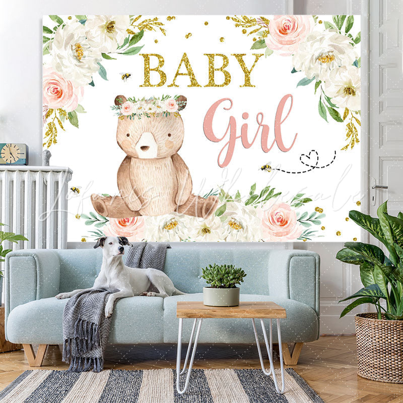Lofaris Floral and A Bear with Garland Baby Shower Backdrop