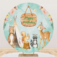 Lofaris Floral And Animals Happy Birthday Circle Backdrop
