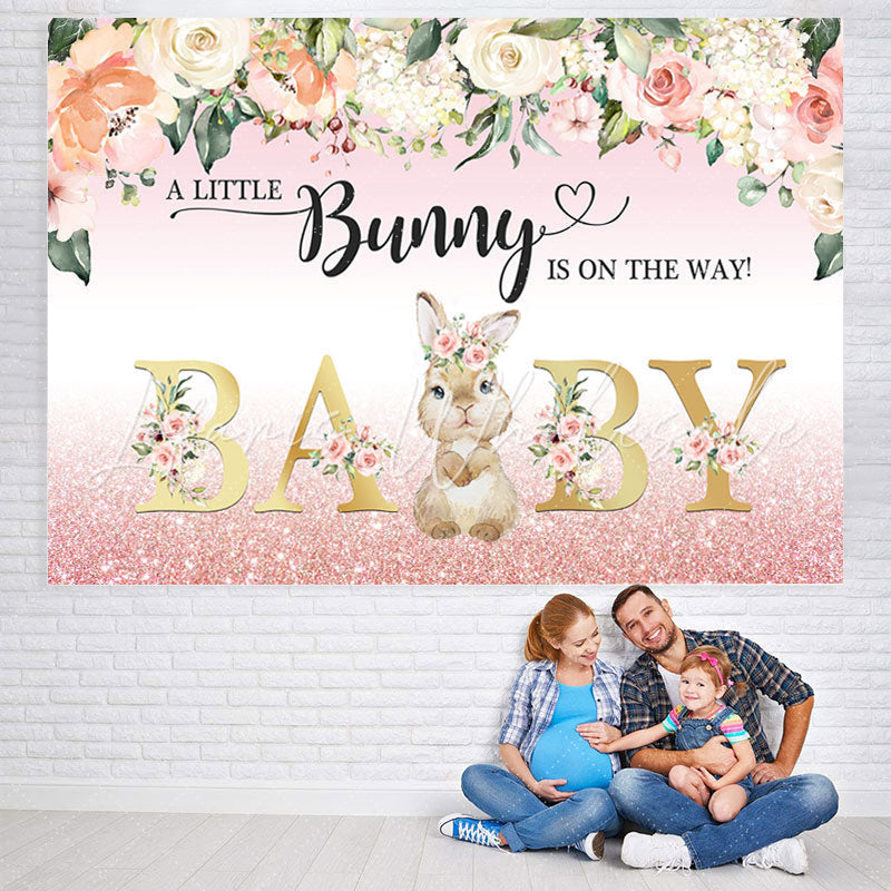 Lofaris Floral And Bunny Pink Glitter Girls Baby Shower Backdrop