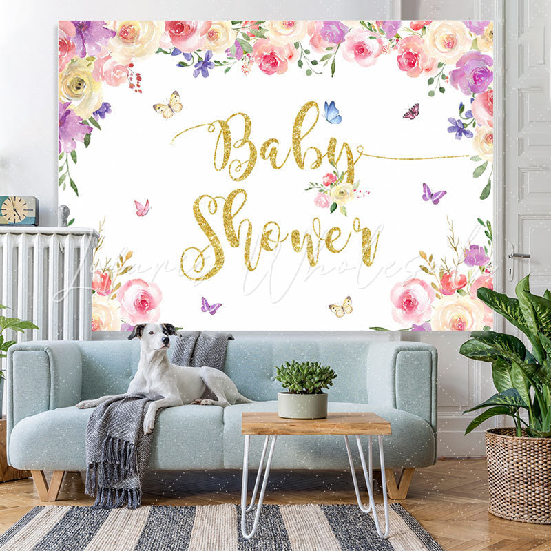Lofaris Floral And Butterfly Glitter One Baby Shower Backdrop
