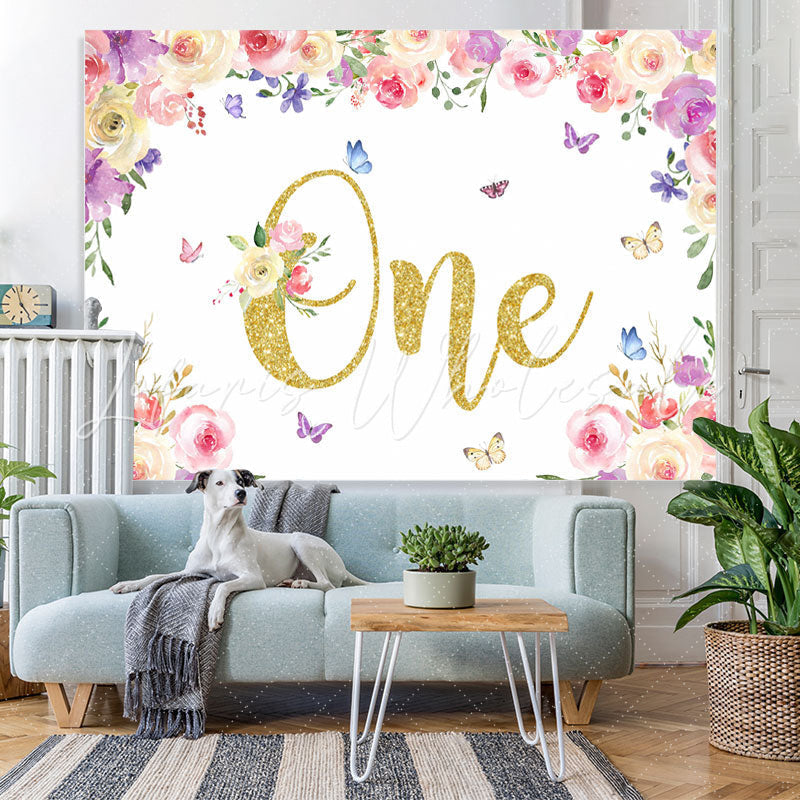 Lofaris Floral And Butterfly Glitter One Birthday Backdrop