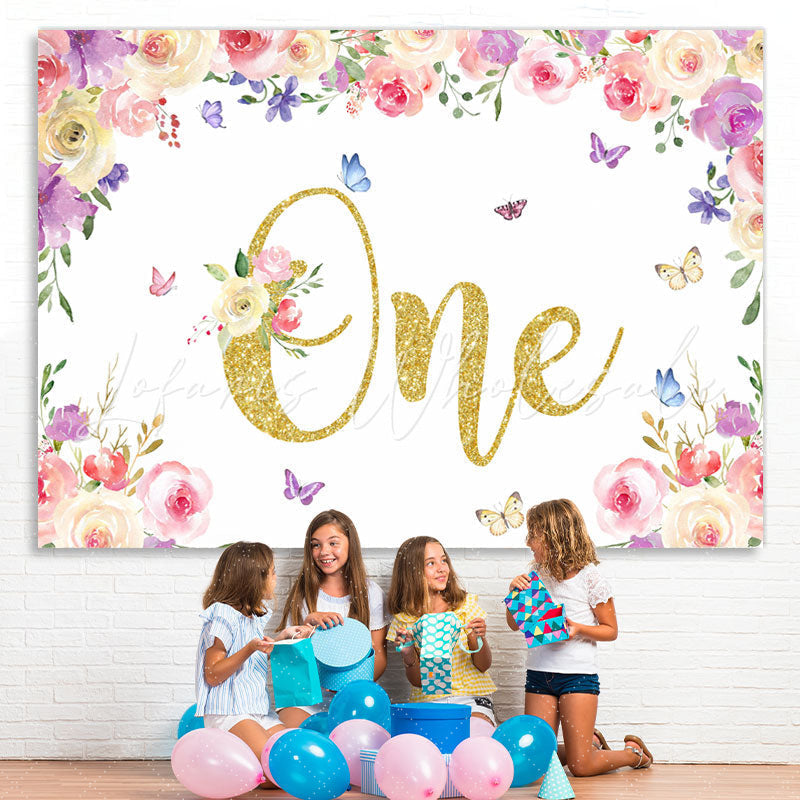 Lofaris Floral And Butterfly Glitter One Birthday Backdrop