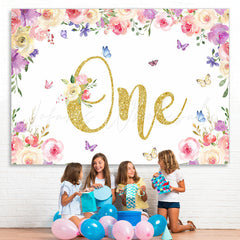 Lofaris Floral And Butterfly Glitter One Birthday Backdrop