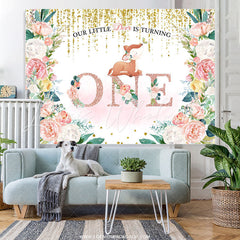 Lofaris Floral And Fox Gold Pink Glitter 1st Birthday Backdrop
