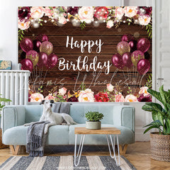 Lofaris Floral And Glitter Balloons Brown Wood Birthday Backdrop
