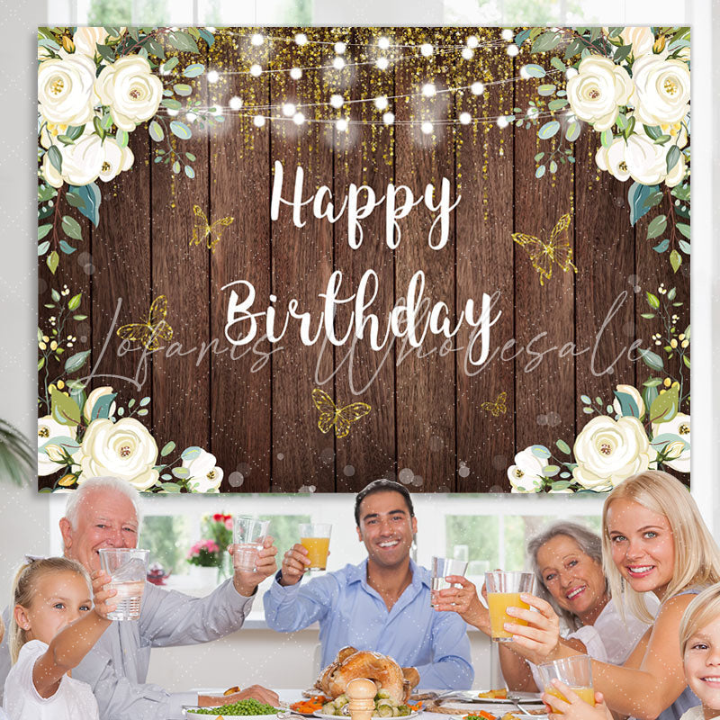 Lofaris Floral And Glitter Butterfly Happy Birthday Backdrop