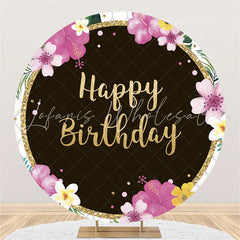 Lofaris Floral And Glitter Gold Circle Happy Birthday Backdrop