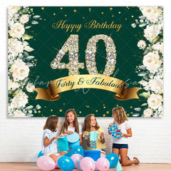 Lofaris Floral And Glitter Green Happy 40Th Birthday Backdrop