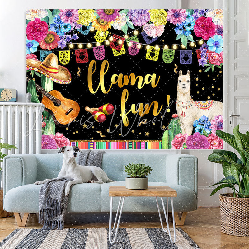 Lofaris Floral And Glitter Llama Fun Happy Birthday Backdrop