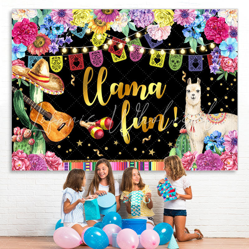 Lofaris Floral And Glitter Llama Fun Happy Birthday Backdrop