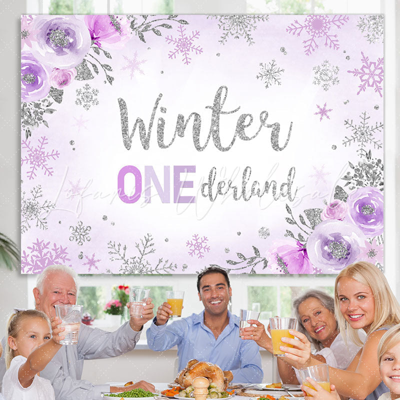 Lofaris Floral And Glitter Purple Snowflake Winter 1 Backdrop
