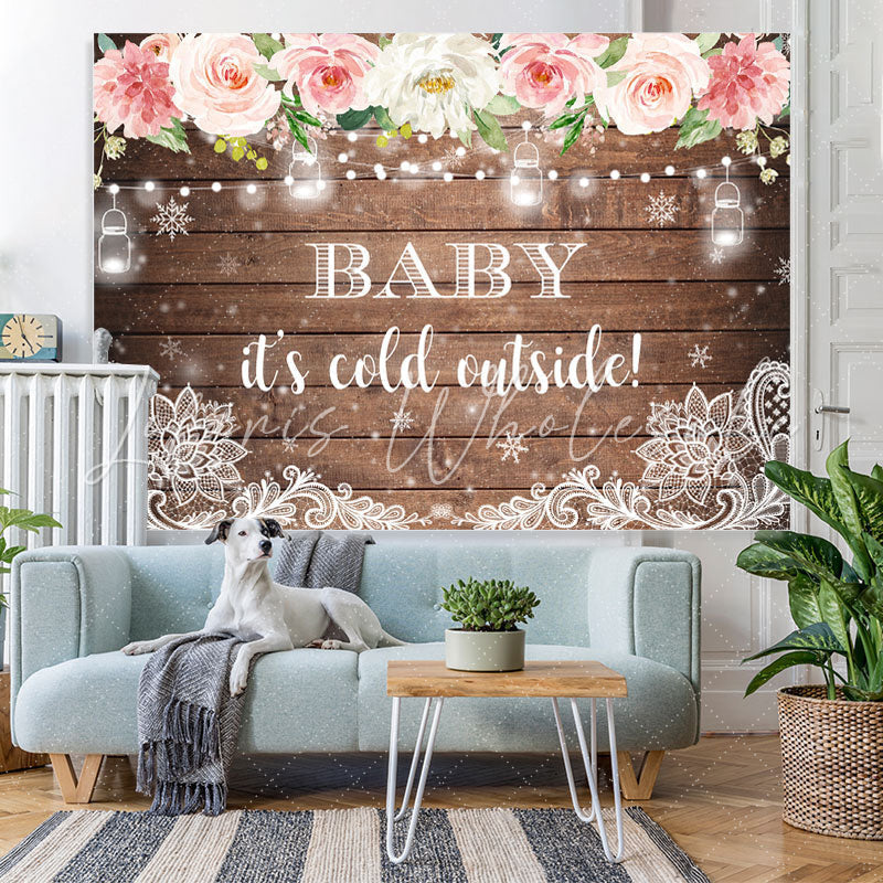Lofaris Floral And Glitter Snowy Winter Baby Shower Backdrop