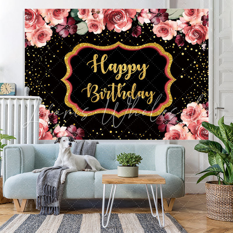 Lofaris Floral And Gloden-Black Dots Happy Birthday Backdrop