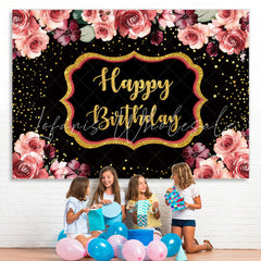Lofaris Floral And Gloden-Black Dots Happy Birthday Backdrop