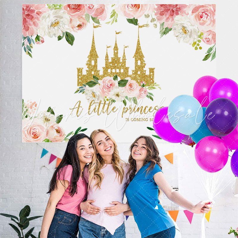 Lofaris Floral And Gloden Castle Baby Shower Backdrop For Girl