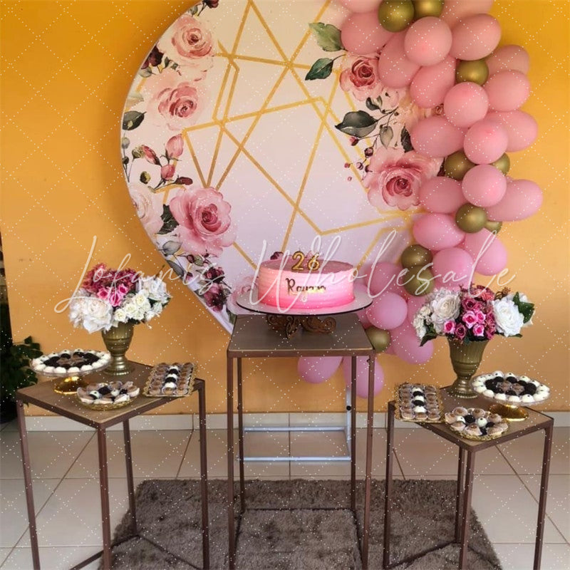 Lofaris Floral And Gloden Lines Circle Happy Birthday Backdrop