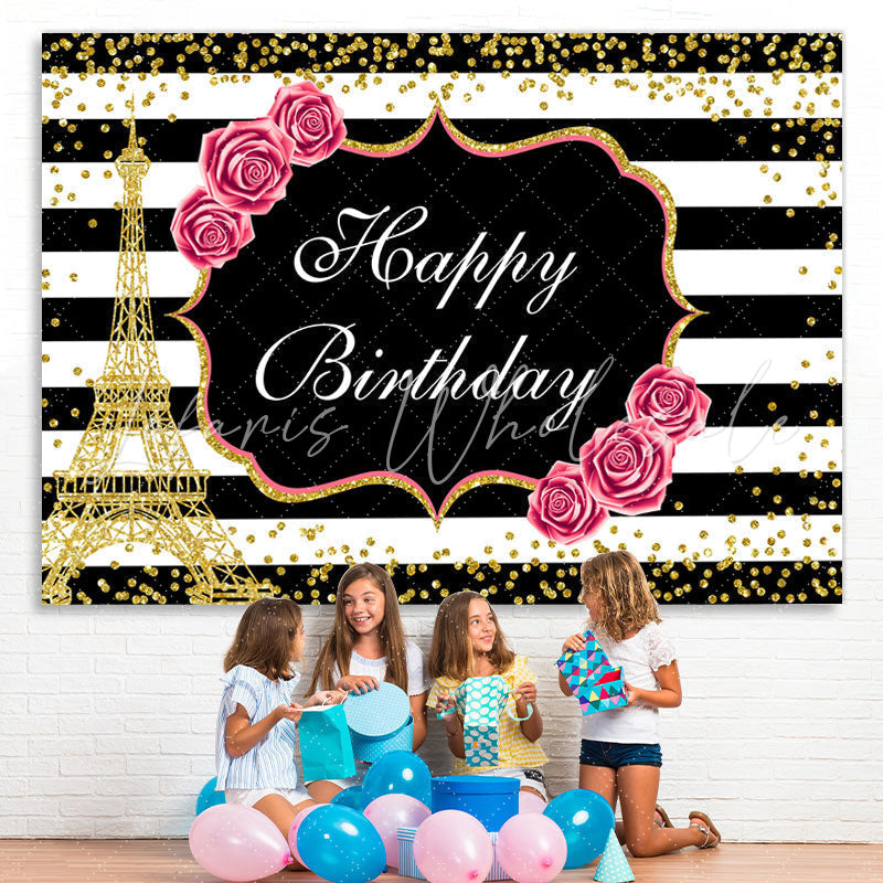 Lofaris Floral And Gold Eiffel Tower Glitter Birthday backdrop