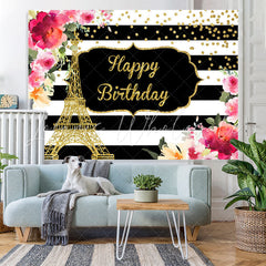 Lofaris Floral And Gold Eiffel Tower Happy Birthday backdrop