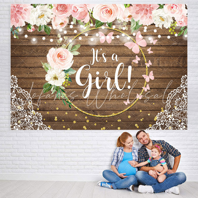 Lofaris Floral And Golden Circle Wooden Baby Shower Backdrop