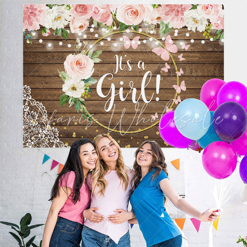 Lofaris Floral And Golden Circle Wooden Baby Shower Backdrop