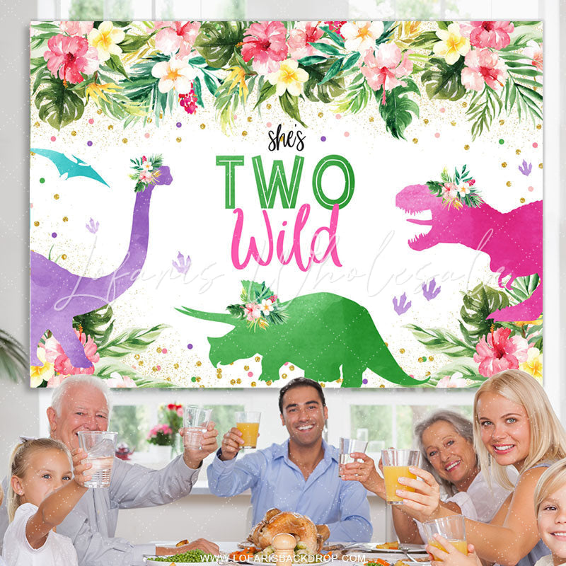 Lofaris Floral And Green Leaves Shes 2nd Wild Birthday Backdrop