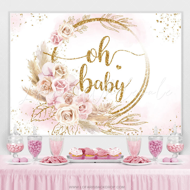Lofaris Floral And Leaves Golden Theme Baby Shower Backdrop
