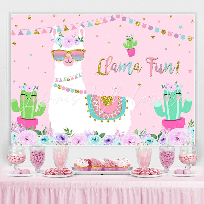 Lofaris Floral And Llama With Cactus Pink Baby Shower Backdrop