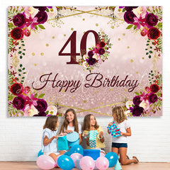 Lofaris Floral And Pink Glitter Happy 40th Birthday Backdrop