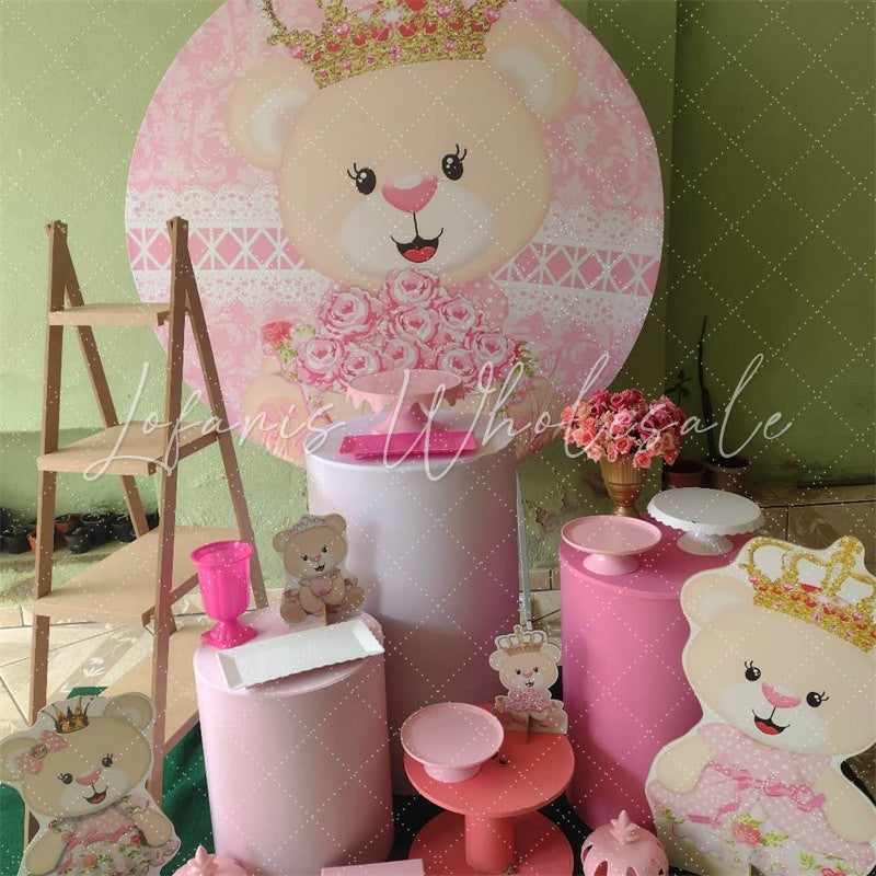 Lofaris Floral And Pink Lacw Teddy With Crown Circle Backdrop