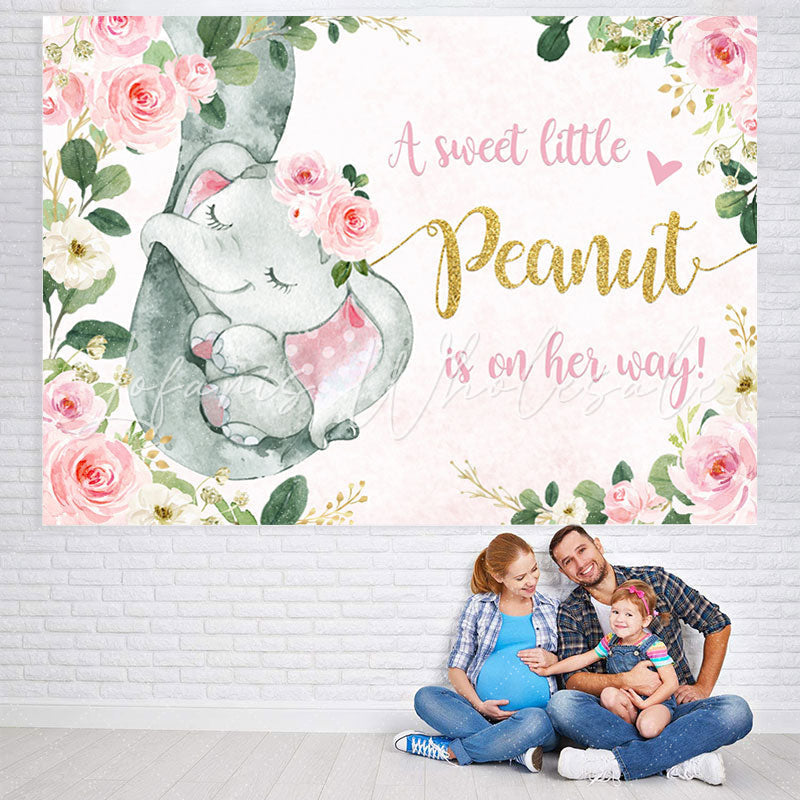 Lofaris Floral And Pink Little Elephant Baby Shower Backdrop