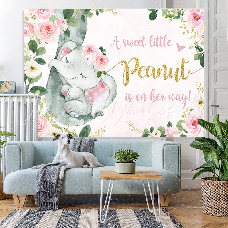 Lofaris Floral And Pink Little Elephant Baby Shower Backdrop
