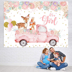 Lofaris Floral And Pink Truck With Deer Baby Shower Backdrop
