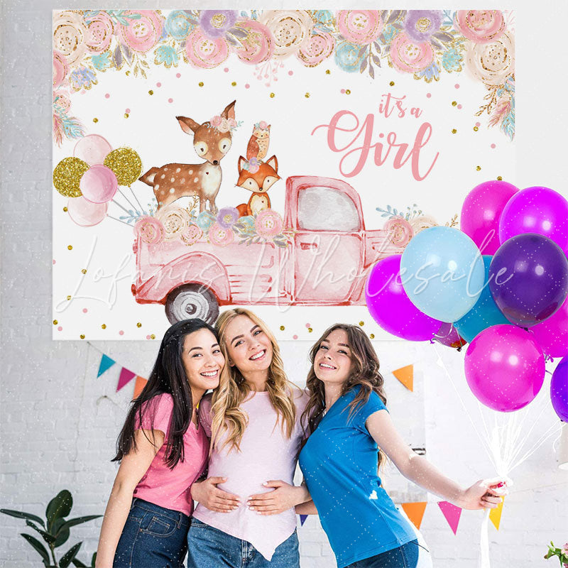 Lofaris Floral And Pink Truck With Deer Baby Shower Backdrop