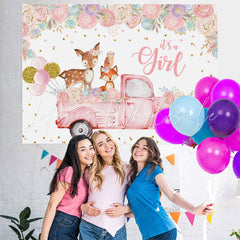Lofaris Floral And Pink Truck With Deer Baby Shower Backdrop
