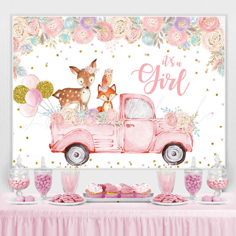 Lofaris Floral And Pink Truck With Deer Baby Shower Backdrop