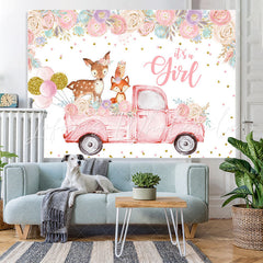 Lofaris Floral And Pink Truck With Deer Baby Shower Backdrop