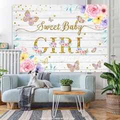 Lofaris Floral And Purple Glitter Butterfly Baby Shower Backdrop