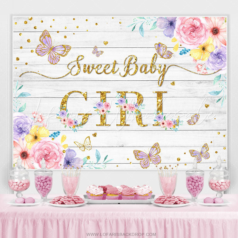 Lofaris Floral And Purple Glitter Butterfly Baby Shower Backdrop