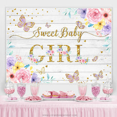 Lofaris Floral And Purple Glitter Butterfly Baby Shower Backdrop