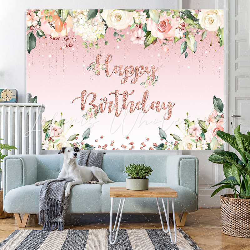 Lofaris Floral And Sweet Pink Glitter Backdrop For Birthday