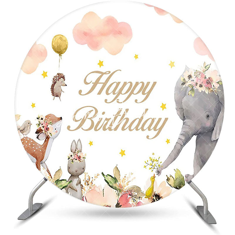 Lofaris Floral Animals Pink Cloud Round Birthday Backdrop