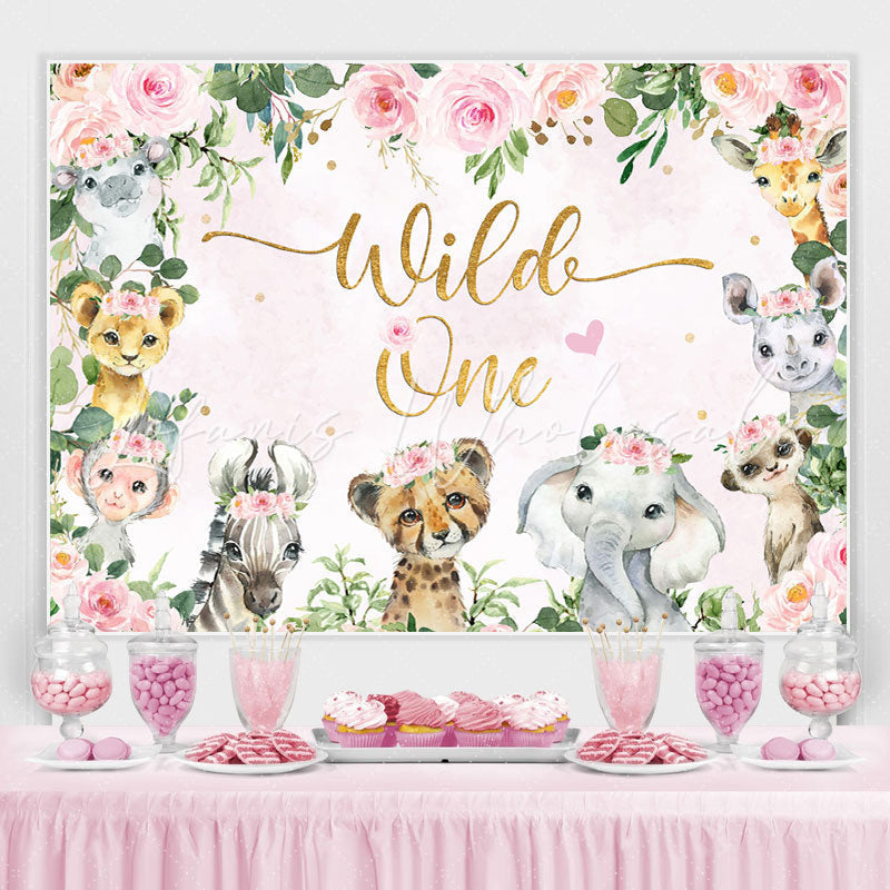 Lofaris Floral Animals Wild One Pink Happy Birthday Backdrop