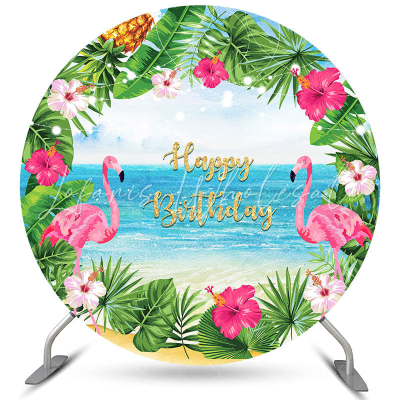 Lofaris Floral Beach And Flamigo Happy Birthday Round Backdrop