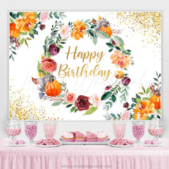 Lofaris Floral Circle With Golden Dots Happy Birthday Backdrop