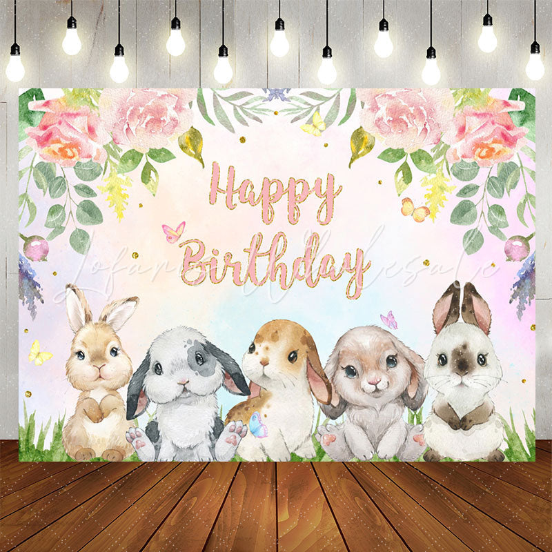 Lofaris Floral Colourful Cute Rabbit Happy Birthday Backdrop