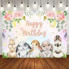 Lofaris Floral Colourful Cute Rabbit Happy Birthday Backdrop