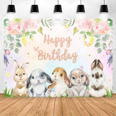 Lofaris Floral Colourful Cute Rabbit Happy Birthday Backdrop