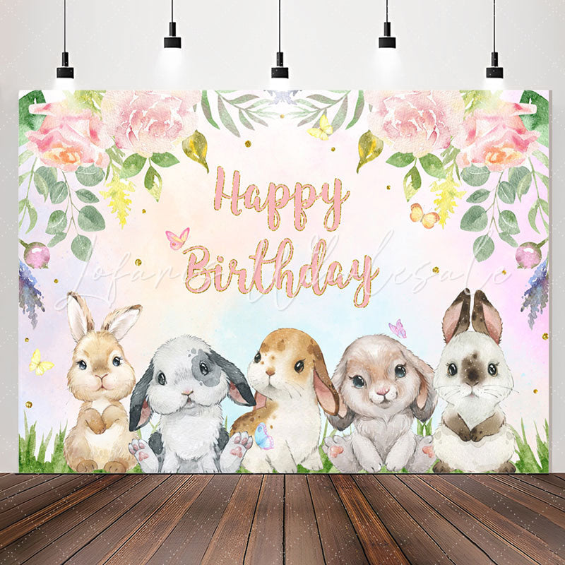 Lofaris Floral Colourful Cute Rabbit Happy Birthday Backdrop