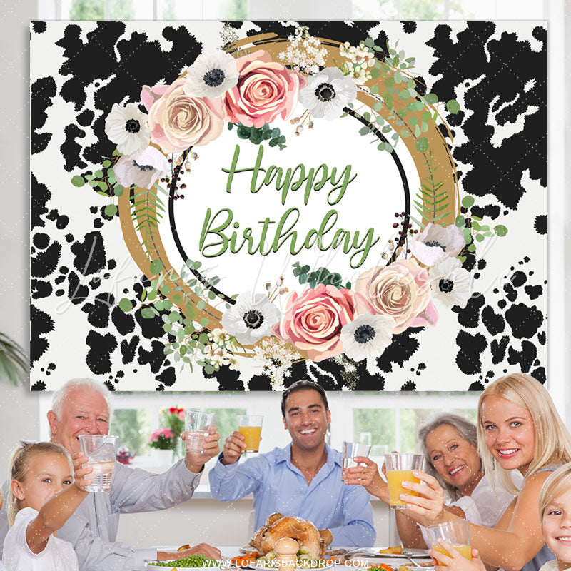 Lofaris Floral Cow Pattern Happy Birthday Backdrop For Female