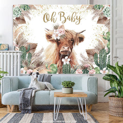 Lofaris Floral Cow With Cactus Boho Baby Shower Backdrop